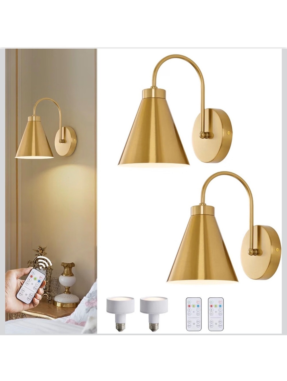 Rechargeable Wall Sconces Set of 2 with Remote - Gold color - battery operated